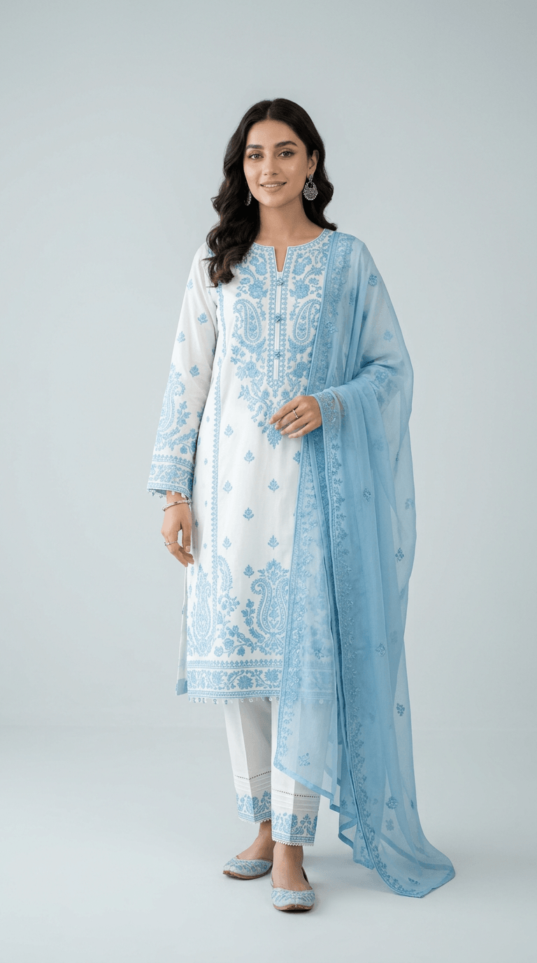 White and sky-blue embroidered lawn suit from the Winter Edit